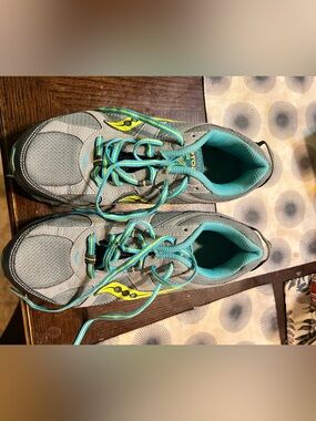 Saucony Gray Teal Sneakers with Neon Yellow Details
